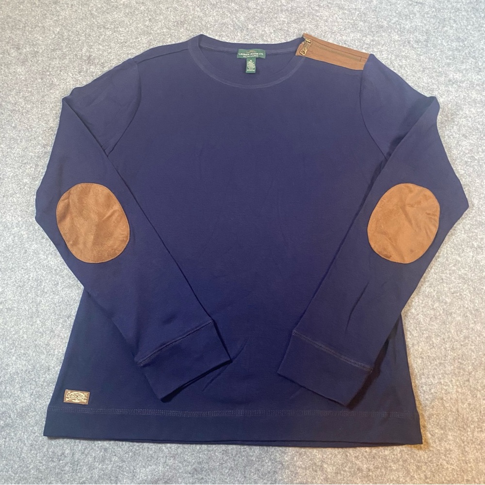 LRL Ralph Lauren Shirt Women XL Blue Long Sleeve Faux Leather Elbow Patch Crew